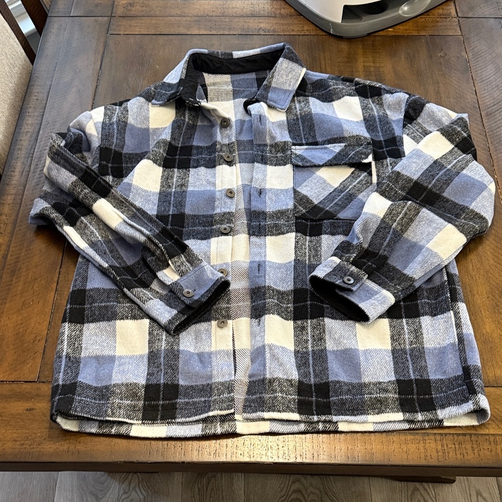 Blue and Black Plaid Coat - Thick Button Up Shirt Jacket